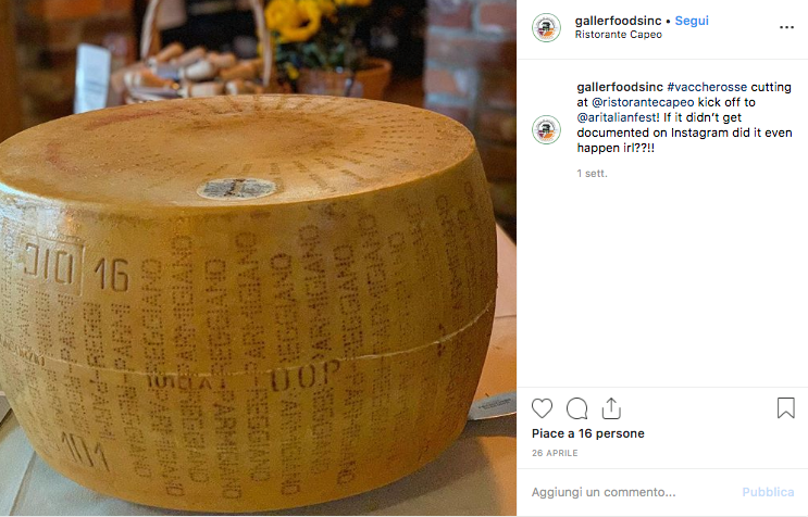 Il post di Instagram per l'apertura della forma di Parmigiano Reggiano a Little Rock